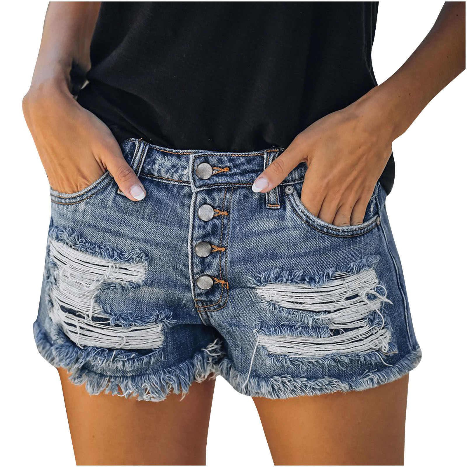 thumbnail image 1 of Pantalones cortos vaqueros informales para mujer: diseño deshilachado con flecos y rotos, vaqueros de verano multicolor de cintura alta, 1 of 3